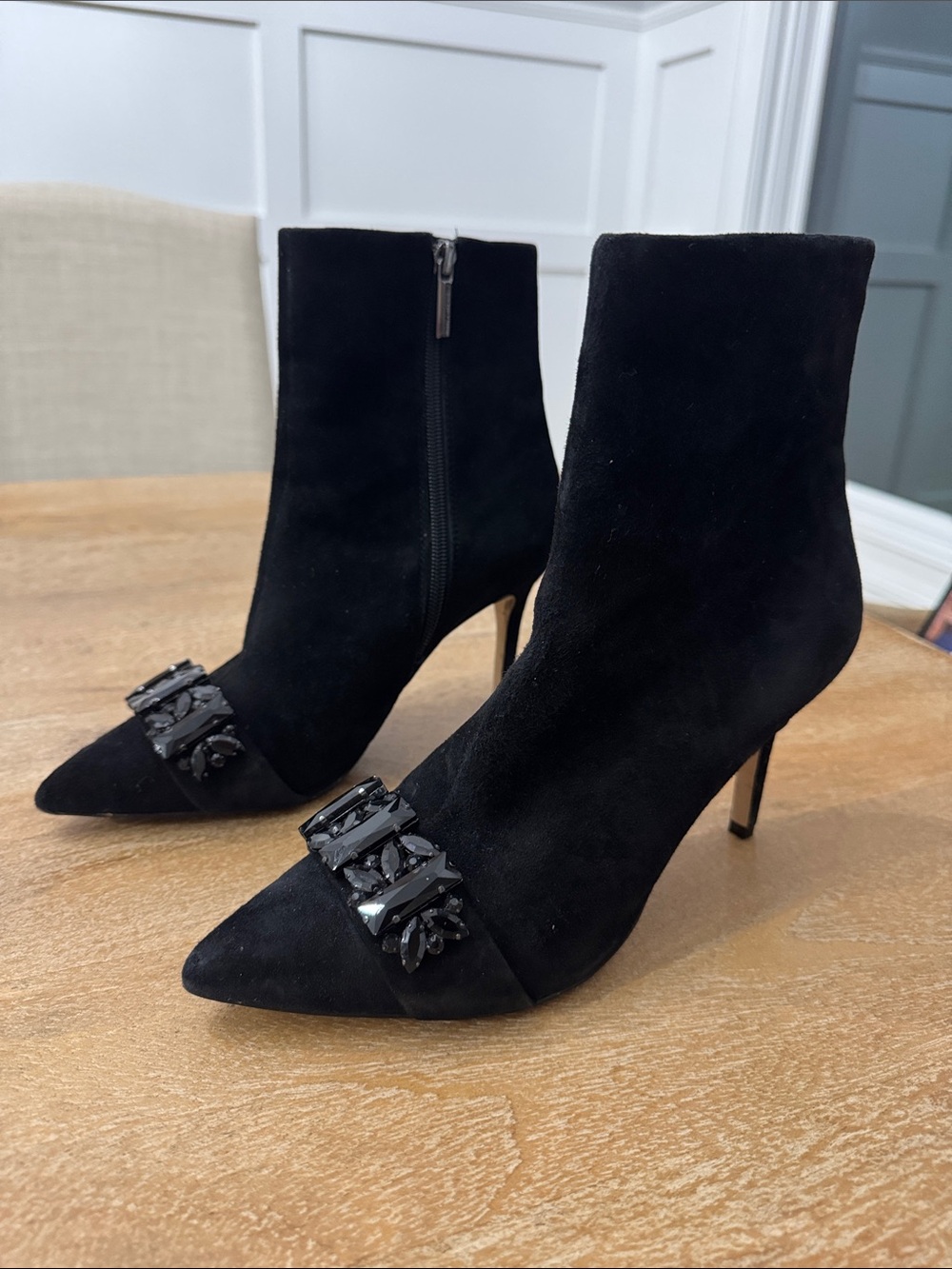 Karl Lagerfeld Black Suede Embellished Pointed-Toe Ankle Boot/ heels